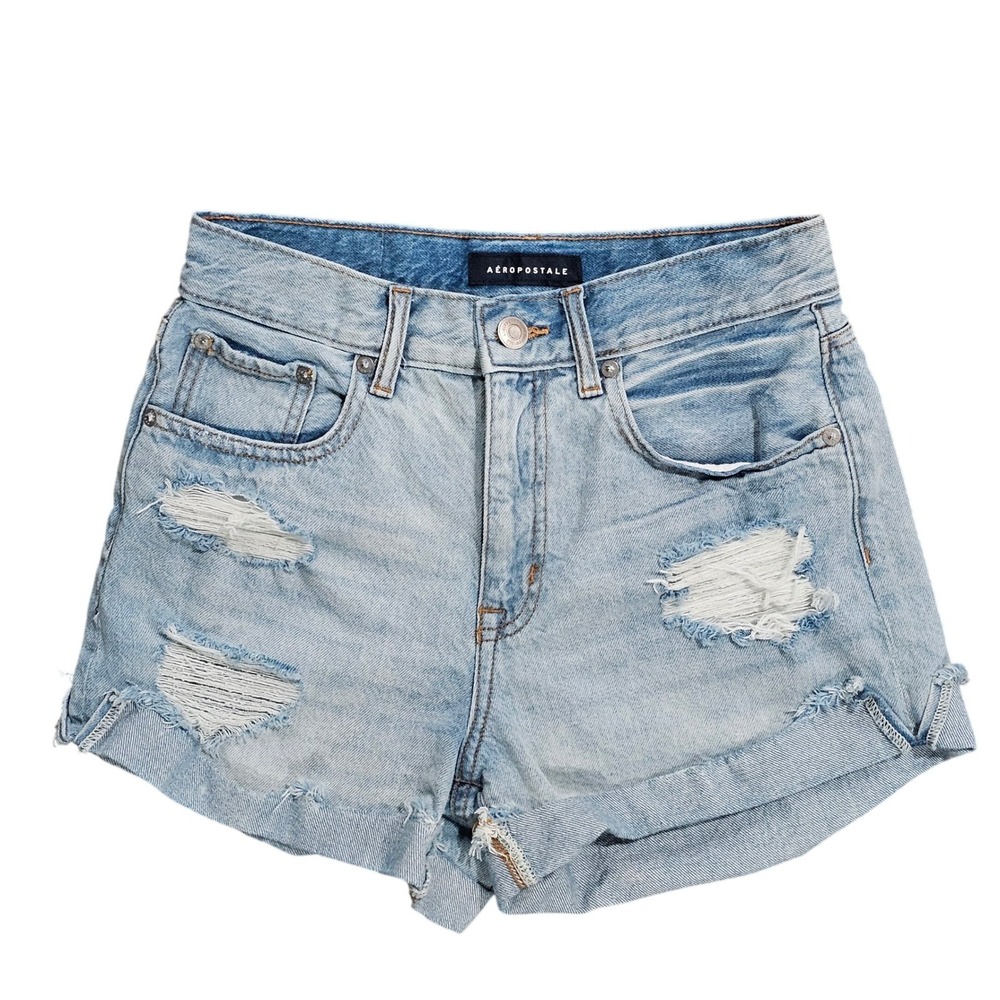 Aeropostale Mom Short Womens 4 Light Wash Distressed Denim High Waisted Shorts